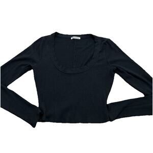 Reformation Women’s M Ribbed Knit Scoop Neck Long Sleeve Crop Top Black Tencel